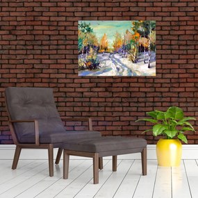 Obraz - Zaśnieżona ścieżka przez las, obraz olejny (70x50 cm)