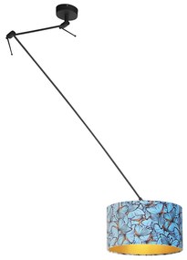 Lampa wisząca czarna z abażurem z aksamitu z motywem motyli ze złotem 35 cm - Blitz klasyczny/Antyczny Oswietlenie wewnetrzne