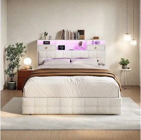 Łóżko z pojemnikiem hydraulicznym z oświetleniem LED - 160 x 200 cm - Port ładowania USB i 2 szuflady - Welur - Beżowy