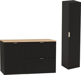 Czarny Zestaw do Łazienki 100cm Szafka Blat Orzech Szafka z Koszem Słupek Ryflowane Fronty