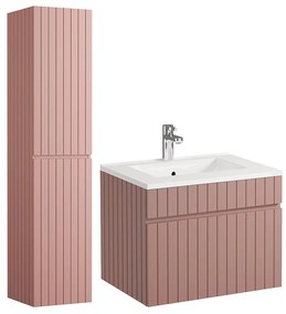 Wisząca szafka łazienkowa w kolorze różowym z prążkowaną fakturą, z wpuszczaną umywalką i słupkiem – 60 cm – SATARA
