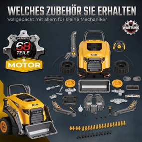 AIYAPLAY Zabawka motoryzacyjna dla dzieci 68-elementowy zestaw do naprawy auta w stylu koparki z światłami i dźwiękiem, funkcja mgły, klakson na kierownicy, Żółty | Aosom PL