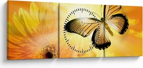 Obraz - Żółty motyl z kwiatkiem (z zegarem) (90x30 cm)