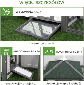 PawHut kurnik dla kur miniaturowych z wybiegiem domek lęgowy drewno sosnowe szary+biały