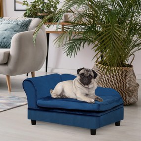 PawHut Sofa dla zwierząt ze schowkiem, miękką poduszką, nośność do 15 kg, pluszowe obicie, rama z twardego drewna, Niebieski | Aosom PL