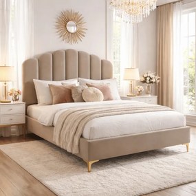 Łóżko Tapicerowane 160x200 cm GEMINI ze Stelażem Dwuosobowe Welurowe Beżowe