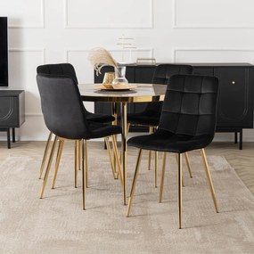 Zestaw Stół Okrągły TINGA 100 cm Szary Marmur/Złoty i 4 Krzesła Tapicerowane YORK Czarne Glamour