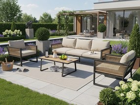 Zestaw mebli ogrodowych z stali na 5 osób - z liną - kanapa - 2 fotele i stolik kawowy - z plecionej liny i blatem z drewna plastikowego - Beżowy