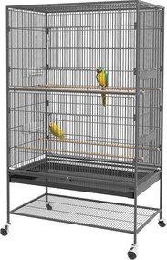 PawHut Klatka dla ptaków z drążkami siedziskowymi, zabawkami dla ptaków, wyjmowaną tacą na dnie, 1 półka, Szary