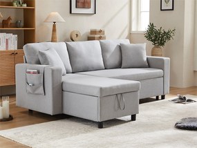 Sofa 3-osobowy rozkładany z tkaniny lnianej - z miejscem do przechowywania i bocznymi kieszeniami - Jasnoszary
