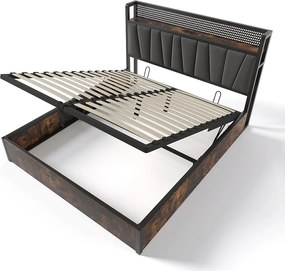 Łóżko dla dorosłych 140x200 cm - z zagłówkiem i schowkiem, LED, USB, stelażem - len - szary - materac w zestawie