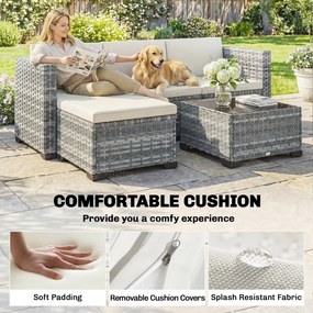 Outsunny Polyrattan Zestaw Mebli Ogrodowych 5-częściowy, Sofa Narożna z Podnóżkiem i Stolik Kawowy, Kremowy + Szary | Aosom PL