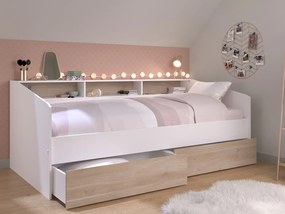 Łóżko  ze skrzynią i 90 x 190/200 cm - Biały i naturalny + Stelaż + Materac - PAULETTE