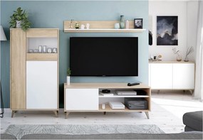 Mebel TV LAURA z 2 półkami, 1 drzwiczką i półką ścienną - Biały i Drewno - Styl Skandynawski