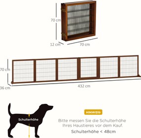 PawHut Barierka zabezpieczająca dla psów, składana, z drewna sosnowego, 432 x 36 x 70 cm, Kawa