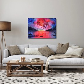 Obraz - Pojawienie się kosmicznych koni nad jeziorem, akwarela (70x50 cm)
