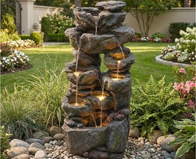 Fontanna Ogrodowa Kaskada ze Skał z LED - Naturalna Rzeźba Wodna z Żywicy Wzmocnionej Włóknem Szklanym - Wysokowydajna Pompa 800L/h - Antracytowy Szary