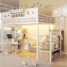 Łóżko piętrowe 140 x 200 cm z biurkiem, ścianką perforowaną, półkami – Metal i MDF – LED + USB –Biały (bez materaca)