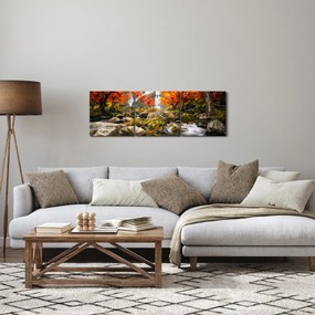 Obraz - Wodospady w pomarańczowym lesie (z zegarem) (90x30 cm)