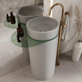 Umywalka z konglomeratu wolnostojąca okrągła z półką szklaną 85 x 40 cm RONA bez przelewu | Różne kolory półki : Kolor szkła - Zielony, Kolor umywalki RONA - Szary matowy, Półka - Szklana