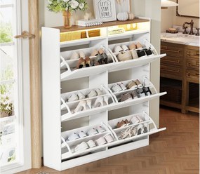 Nowoczesna szafa na buty 120x24x130cm - z oświetleniem LED - 6 drzwi uchylnych - Biały + Naturalny