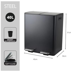 Stalowy kosz na śmieci 2x20 l do segregacji odpadów/z pedałem w kolorze matowej czerni Aliya – Spirella
