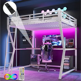 Łóżko piętrowe 140x200 cm - łóżko dla dorosłych z oświetleniem LED i USB, biurko - białe - materac nie jest wliczony w cenę