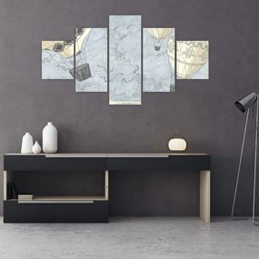 Obraz - Balony nad miastem, zimne odcienie (125x70 cm)