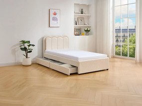 Łóżko 90 x 190 cm z 2 szufladami - Z oświetleniem LED - Tkanina z bukli - Kremowe + Materac - NESTIAKO