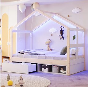 Łóżko drewniane dla dzieci - 90 x 190 cm - z szufladami + mała szafka na buty + diody LED - w kształcie domku - naturalne