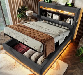 Tapicerowane łóżko z pojemnikiem 90x200 cm - z LED - z portami USB i Type-C - Tkanina lniana - Wezgłowie z przestrzenią do przechowywania - Szary