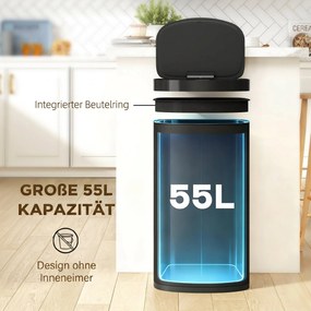 HOMCOM Kosz sensorowy 55L kosz na śmieci z funkcją cichego zamykania ze stali nierdzewnej, do kuchni siłowni biura, Czarny | Aosom PL