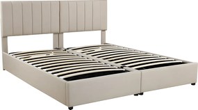 Łóżko z tapicerowanym zagłówkiem z lnu - 180x200cm - przekształcane w 2 pojedyncze łóżka - Beżowe