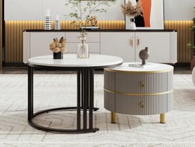 Zestaw 2 okrągłych stolików kawowych 2 w 1, stoliki kawowe MDF wkładane do środka - blat z wzorem marmuru - 2 szuflady - 70x70x45 + 50x50x40 cm