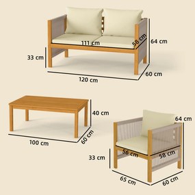 Outsunny Zestaw mebli ogrodowych z drewna dla 4 osób – kanapa, 2 fotele, stolik, dekoracja z lin, lamelowe wykończenie, zdejmowane poduszki | Aosom PL