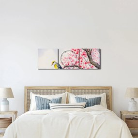 Obraz - ptak na drzewie z czerwonymi kwiatami (z zegarem) (90x30 cm)
