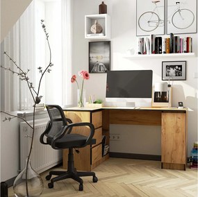 Biurko narożne AKORD B20 Dąb Craft 155 cm lewe 1 drzwi 3 szuflady kolor Dąb Craft mat 4 półki 155x85x77 cm