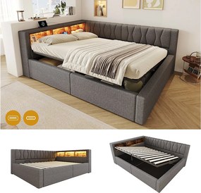 Łóżko z pojemnikiem 140 x 200 cm, z hydraulicznym schowkiem, półkami, regulowanym oświetleniem LED i portem USB - Pościel - Szary (Materac nie jest wliczony w cenę)