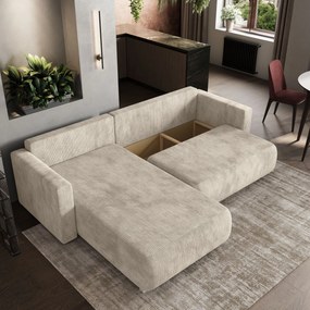 Masseno Narożnik TURIN z funkcją spania i pojemnikiem na pościel Narozniki L, Rozkładana sofa - Kremowy, POSO 100