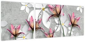 Obraz kwiatowej abstrakcji (z zegarem) (90x30 cm)