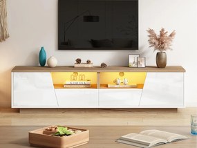 Meble TV 180x40x46cm - z 2 szufladami i 2 drzwiami - z oświetleniem LED - błyszczące wykończenie - Biały + naturalny