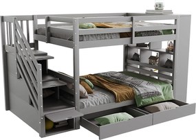 Łóżko piętrowe 90x200cm z drewna - z 2 szufladami i biblioteczką - Szare
