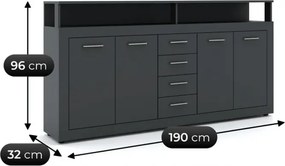 Komoda Czterodrzwiowa z Szufladami BLAGO 190 cm Antracyt Nowoczesna