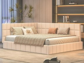 Łóżko dwuosobowe 160x200cm z weluru z barierką i stelażem na listwy - Beżowe