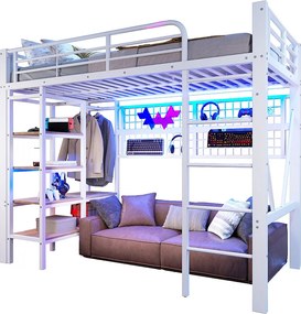 Łóżko piętrowe dla dzieci - 90 x 200 cm - rama żeliwna - z półką do przechowywania + drążek na ubrania + diody LED - metalowe - białe