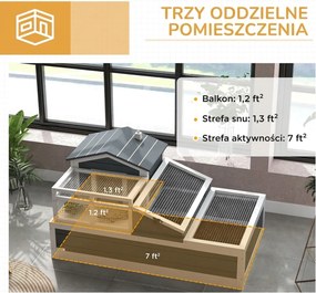 PawHut Domek dla żółwia, 2 poziomy, do użytku wewnętrznego i zewnętrznego, balkon, drewno jodłowe, szary | Aosom PL