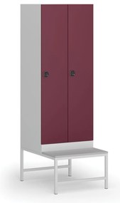 Szafka ubraniowa S1 z ławką, 2-drzwiowa, 1875 x 600 x 500/800 mm, demontaż, zamek kodowy, drzwi czerwone