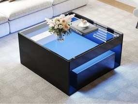 Błyszczący stolik kawowy 70x70x35 cm - Z oświetleniem LED - 1 szuflada - Otwarta półka - Blat hartowanego szkła - MDF - Czarny