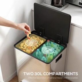 HOMCOM Kosz na śmieci z 2x30 l komorami, pokrywa Soft-Close, odporny na odciski, stal nierdzewna, srebrny | Aosom PL