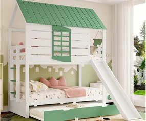Łóżko piętrowe dla dzieci 90x200 cm - ze zjeżdżalnią i wysuwanym łóżkiem - białe + zielone (bez materaca)